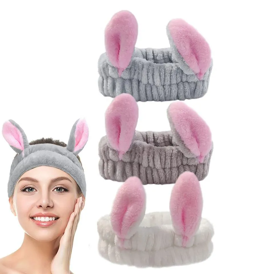 3 Pack Women Bunny Ears Headband Fashionable Face Washing Hair band Cute Hairband Fluffy Elastic Makeup Rabbit Headbands