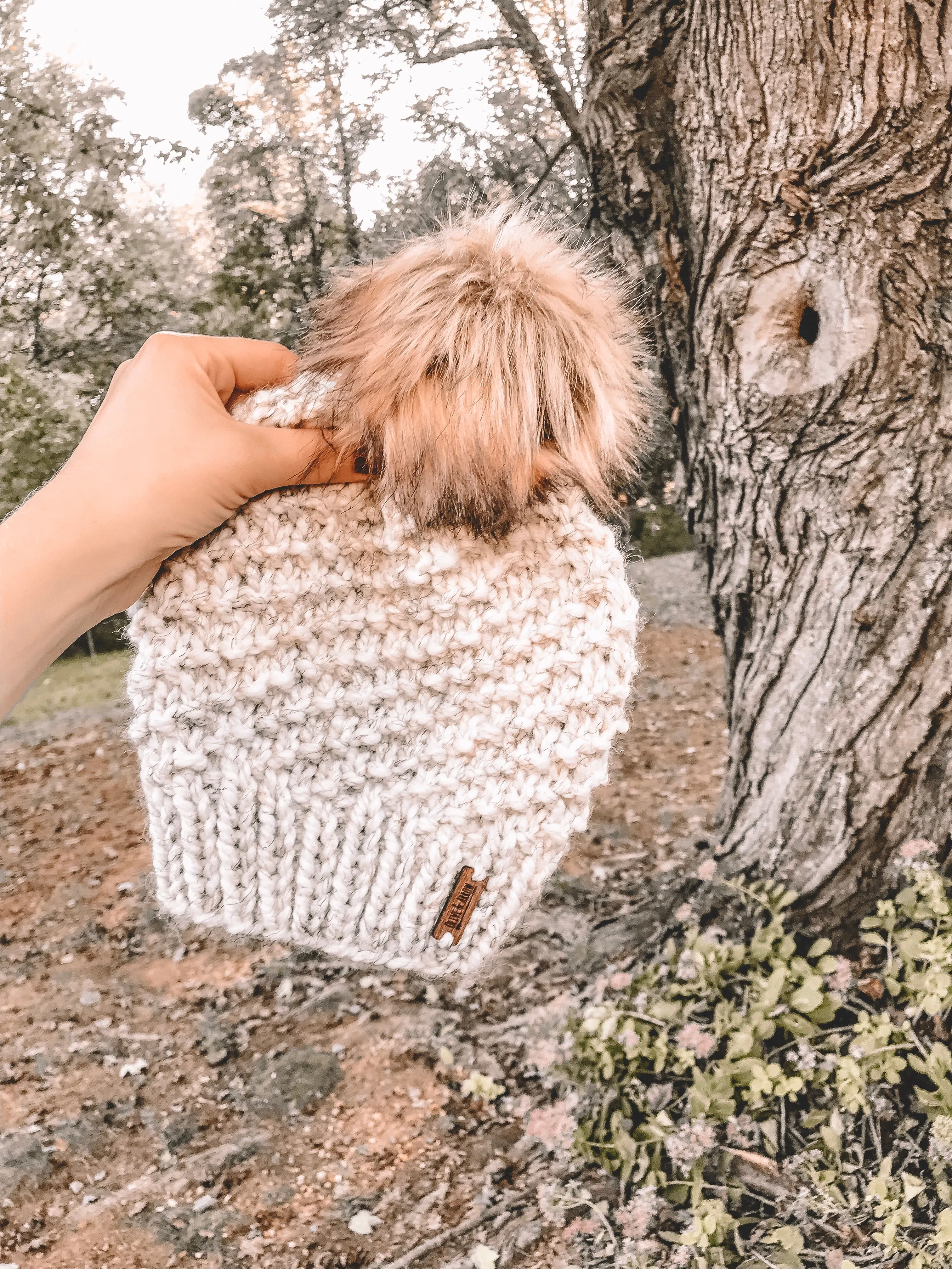 Adult Knitted Textured Beanie with Faux Fur Pom Pom // The Acadia - Wheat