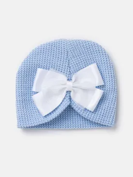 Baby Girl White Bows Beanie Knitted Hat - Blue