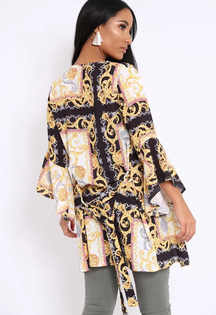 Black and Gold Scarf Print Flare Sleeves Kimono - Marley