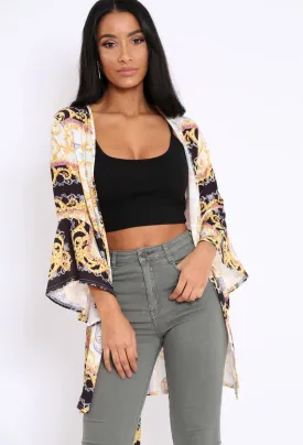 Black and Gold Scarf Print Flare Sleeves Kimono - Marley