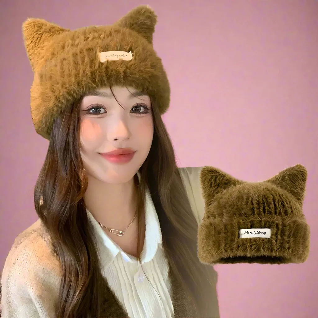 Cute Cat Ears Knitted Beanie Hat for Women