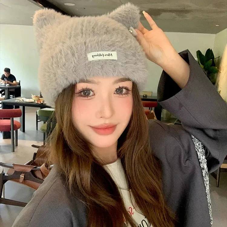 Cute Cat Ears Knitted Beanie Hat for Women