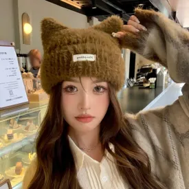 Cute Cat Ears Knitted Beanie Hat for Women