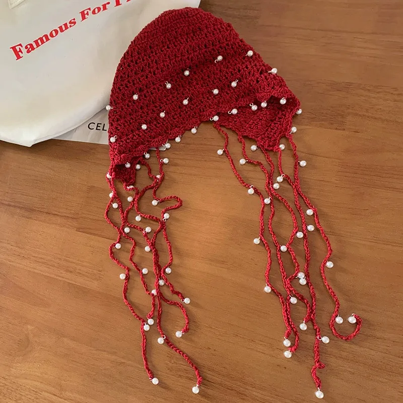 Ethnic Style Hollow Pearl Tassel Baotou Hat