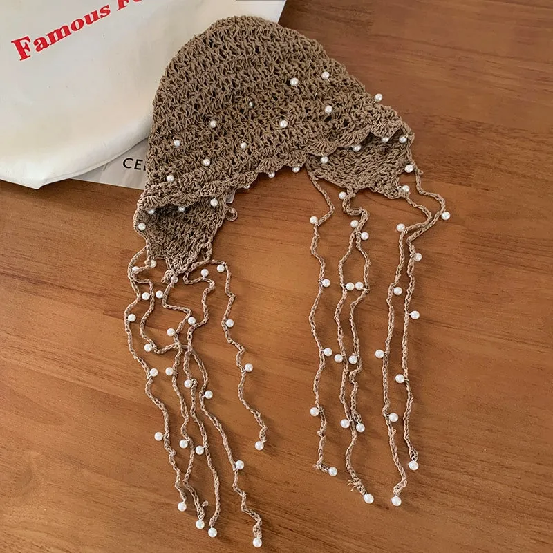 Ethnic Style Hollow Pearl Tassel Baotou Hat