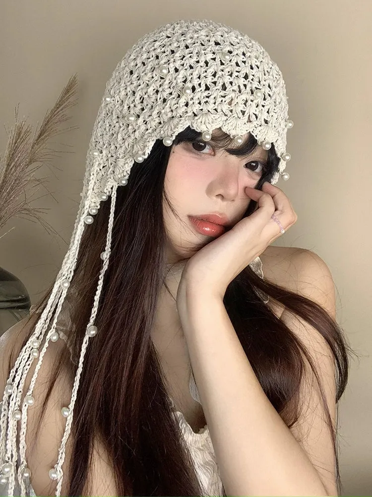 Ethnic Style Hollow Pearl Tassel Baotou Hat