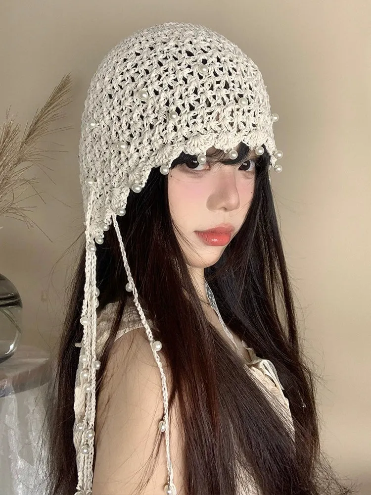 Ethnic Style Hollow Pearl Tassel Baotou Hat