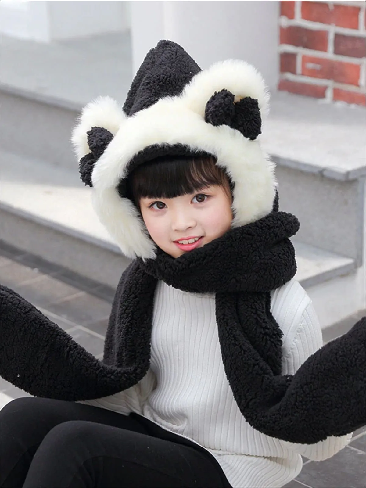 Girls Soft Plush Bear Ear Winter Hat with Neck Scarf