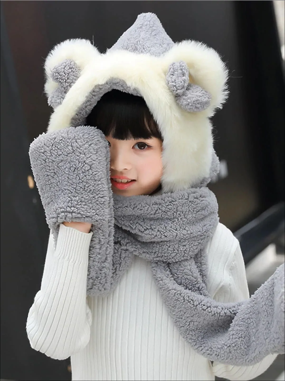 Girls Soft Plush Bear Ear Winter Hat with Neck Scarf