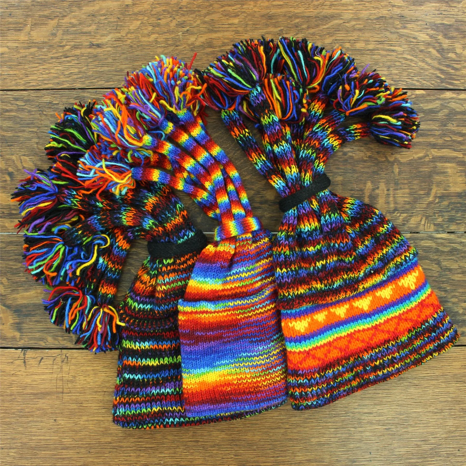 Hand Knitted Beanie Fountain Tassel Hat - SD Black Rainbow Orange