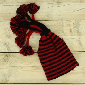 Hand Knitted Beanie Fountain Tassel Hat - Stripe Red Black