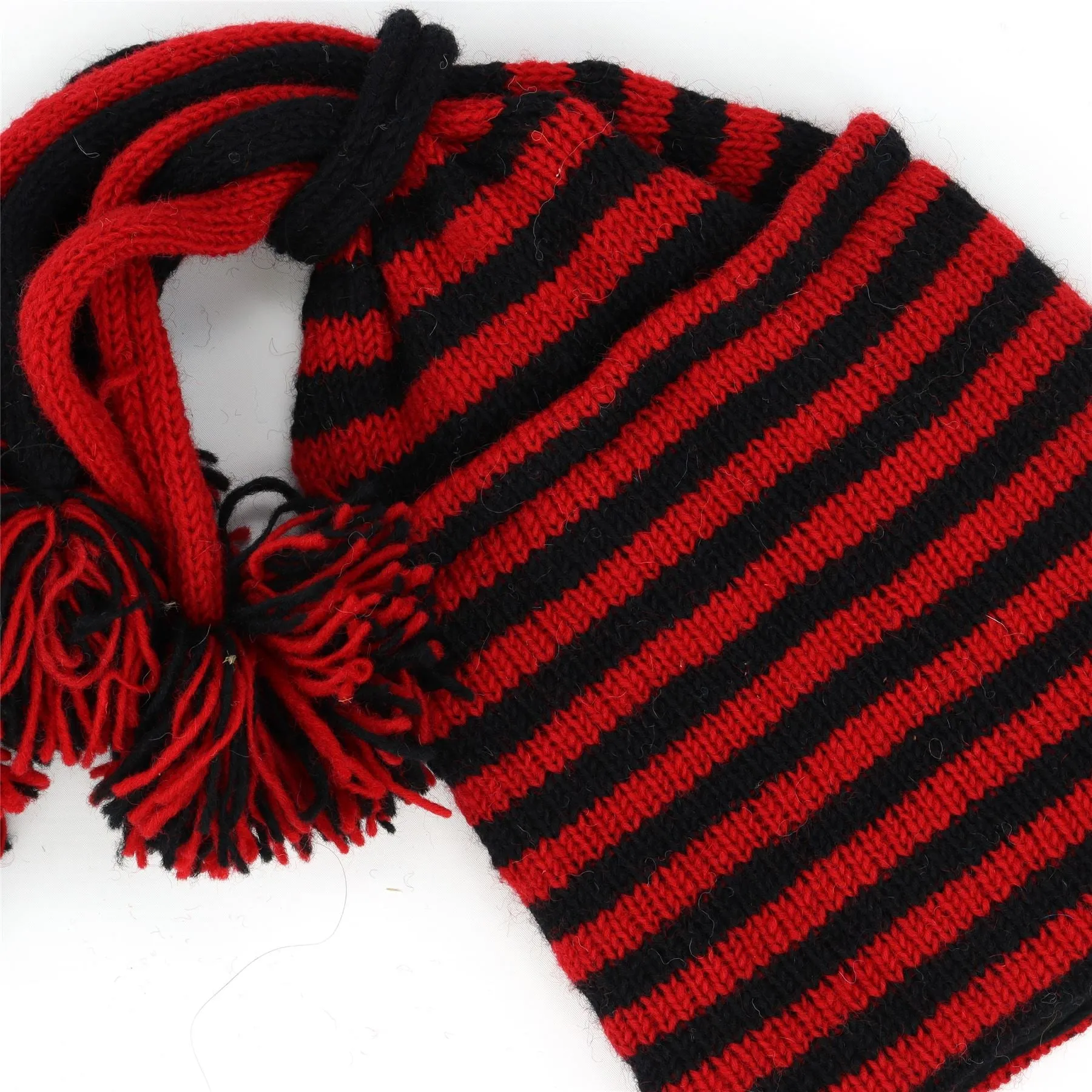 Hand Knitted Beanie Fountain Tassel Hat - Stripe Red Black