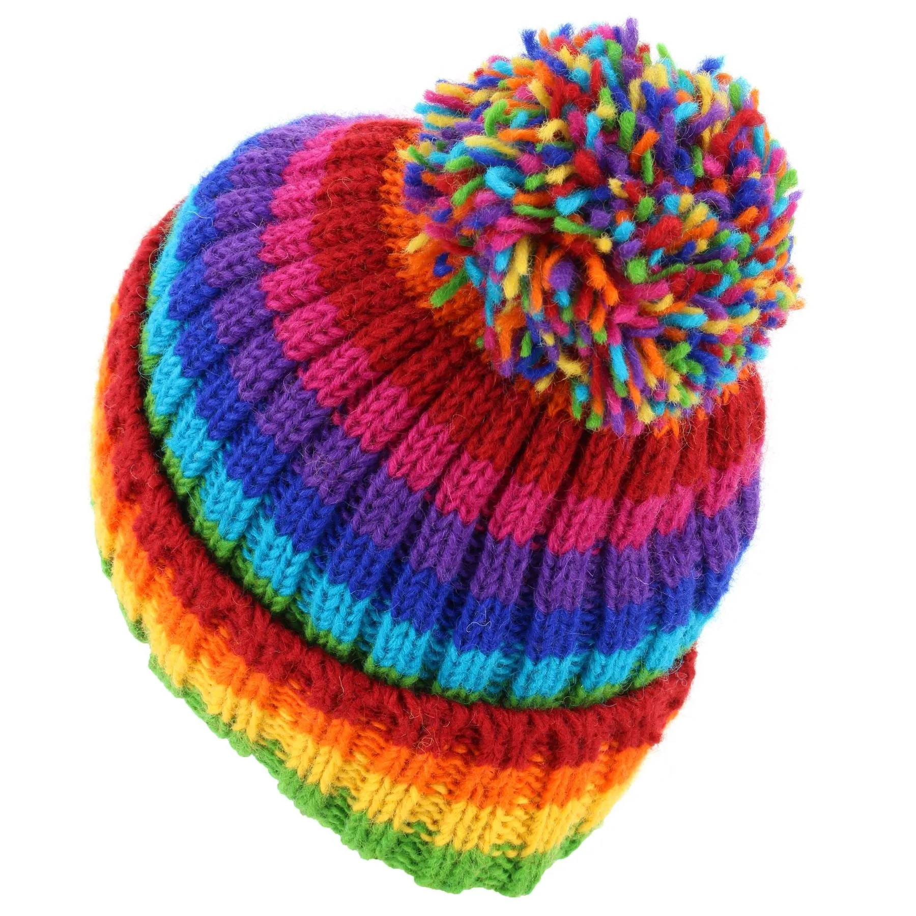 Hand Knitted Wool Beanie Bobble Hat - Stripe Bright Rainbow