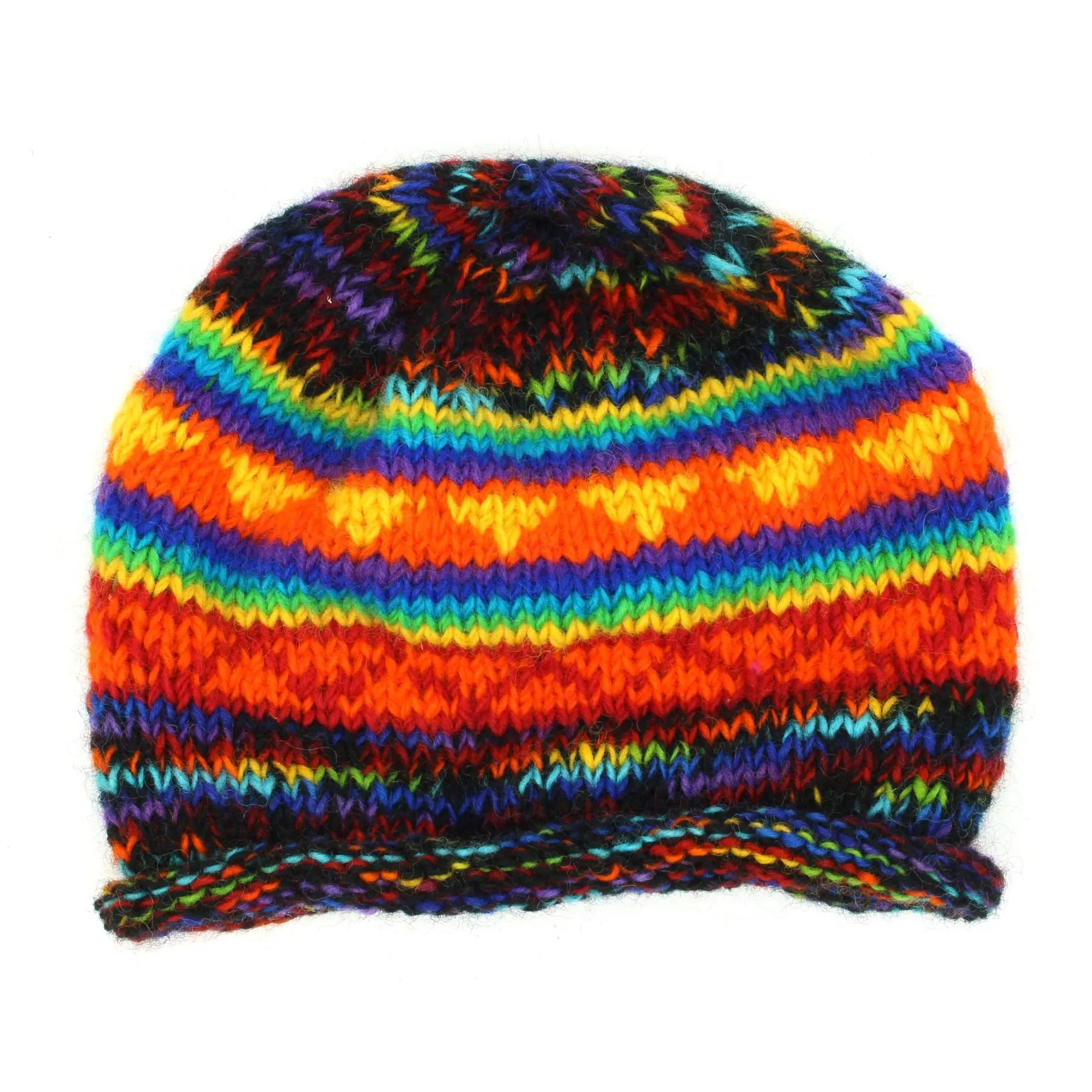 Hand Knitted Wool Beanie Hat - SD Black Rainbow Orange