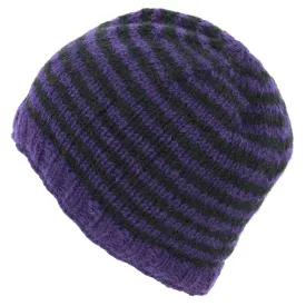 Hand Knitted Wool Beanie Hat - Stripe Purple Black