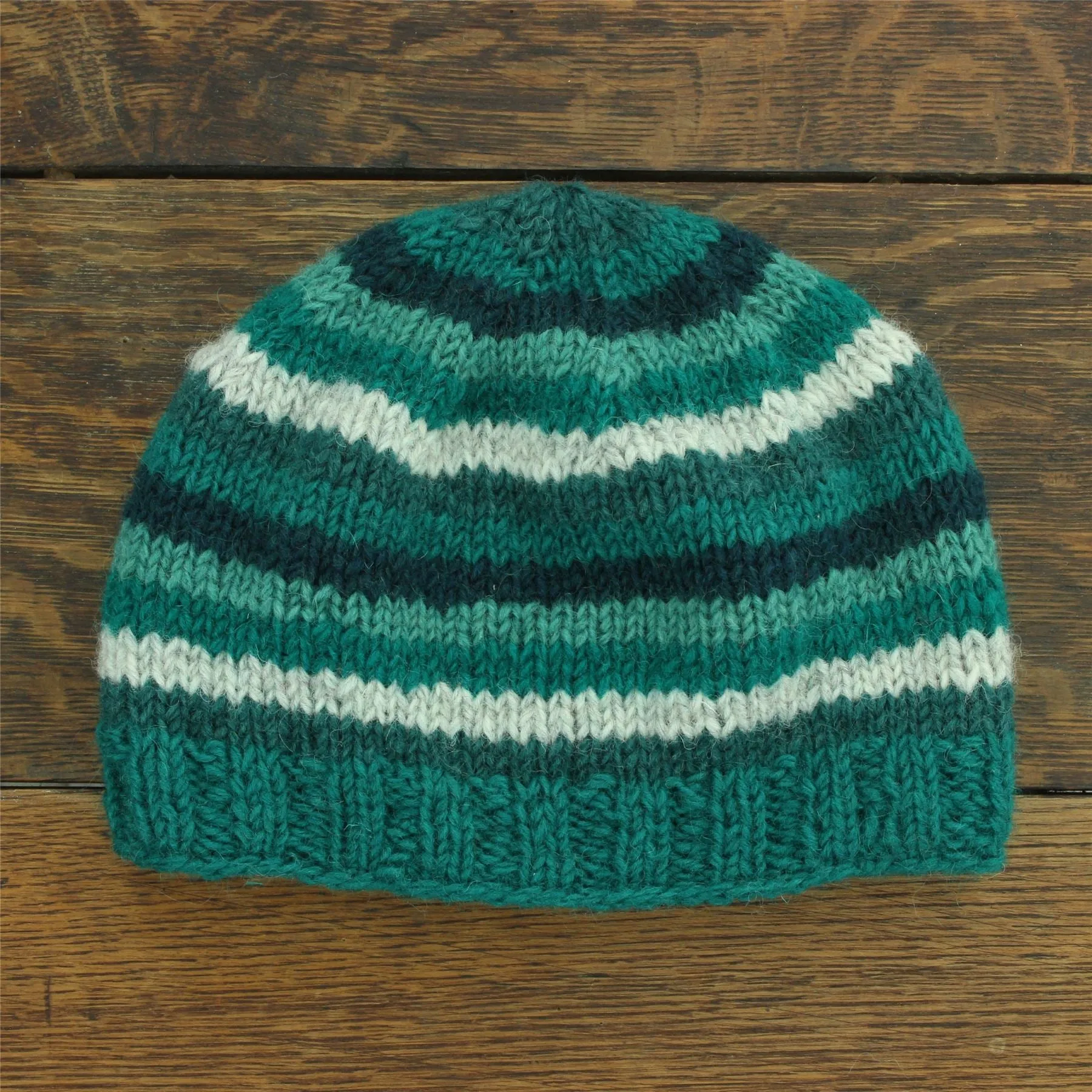 Hand Knitted Wool Beanie Hat - Stripe Teal