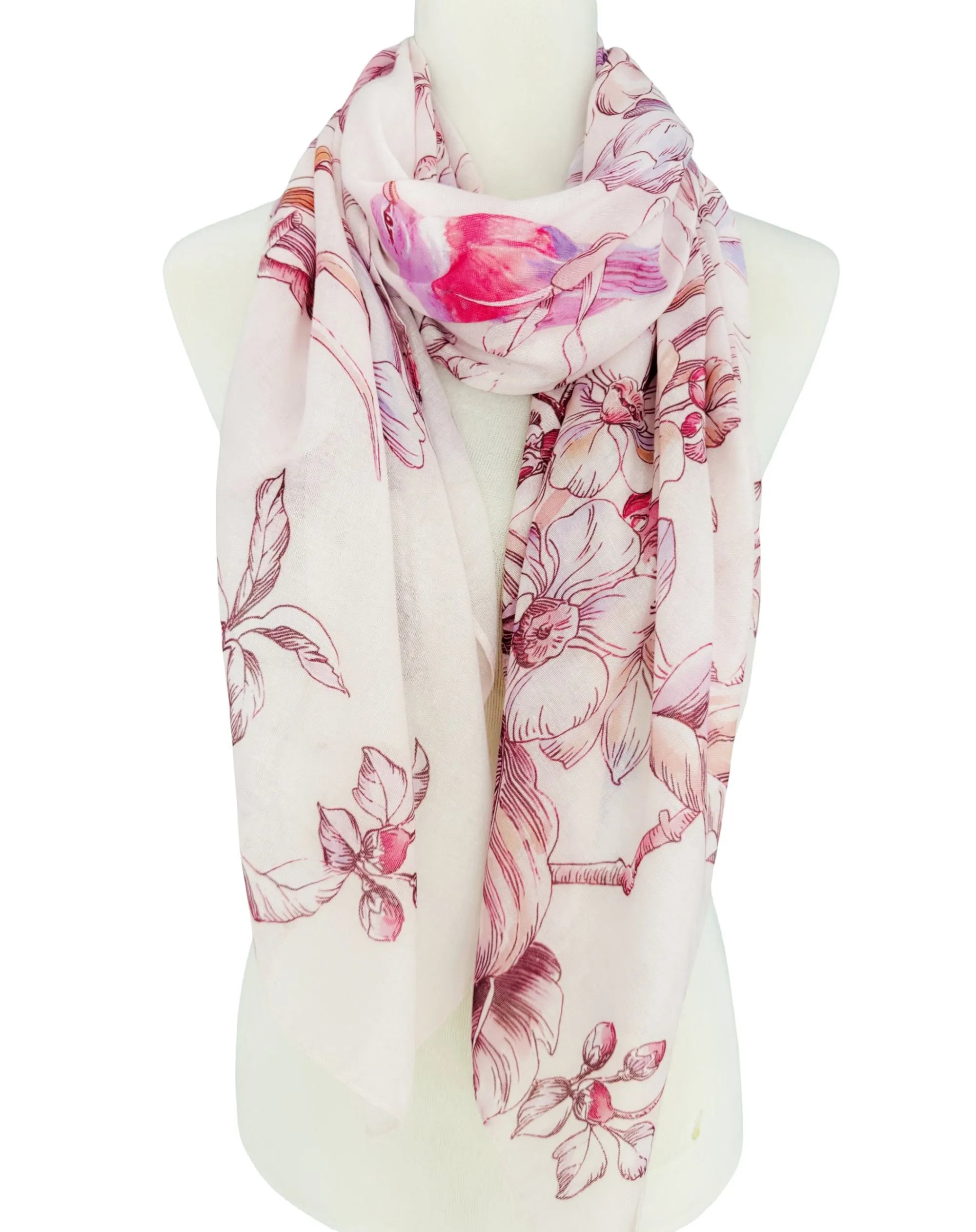 JC0711-101-6 Pink-Fuchsia Bird Floral Scarf