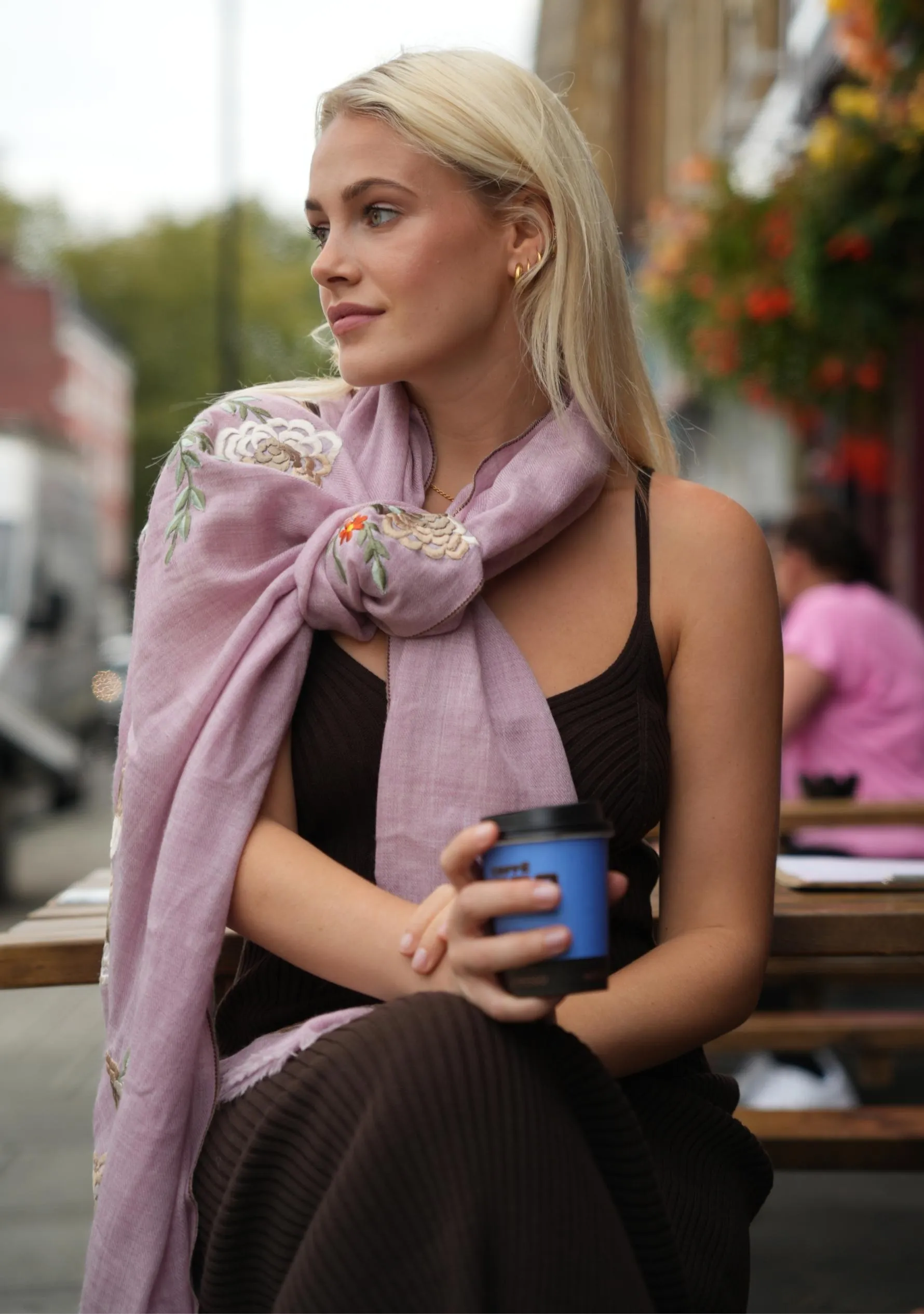 Lt. Pink Melange Wool and Silk Scarf with Multicolor Embroidery