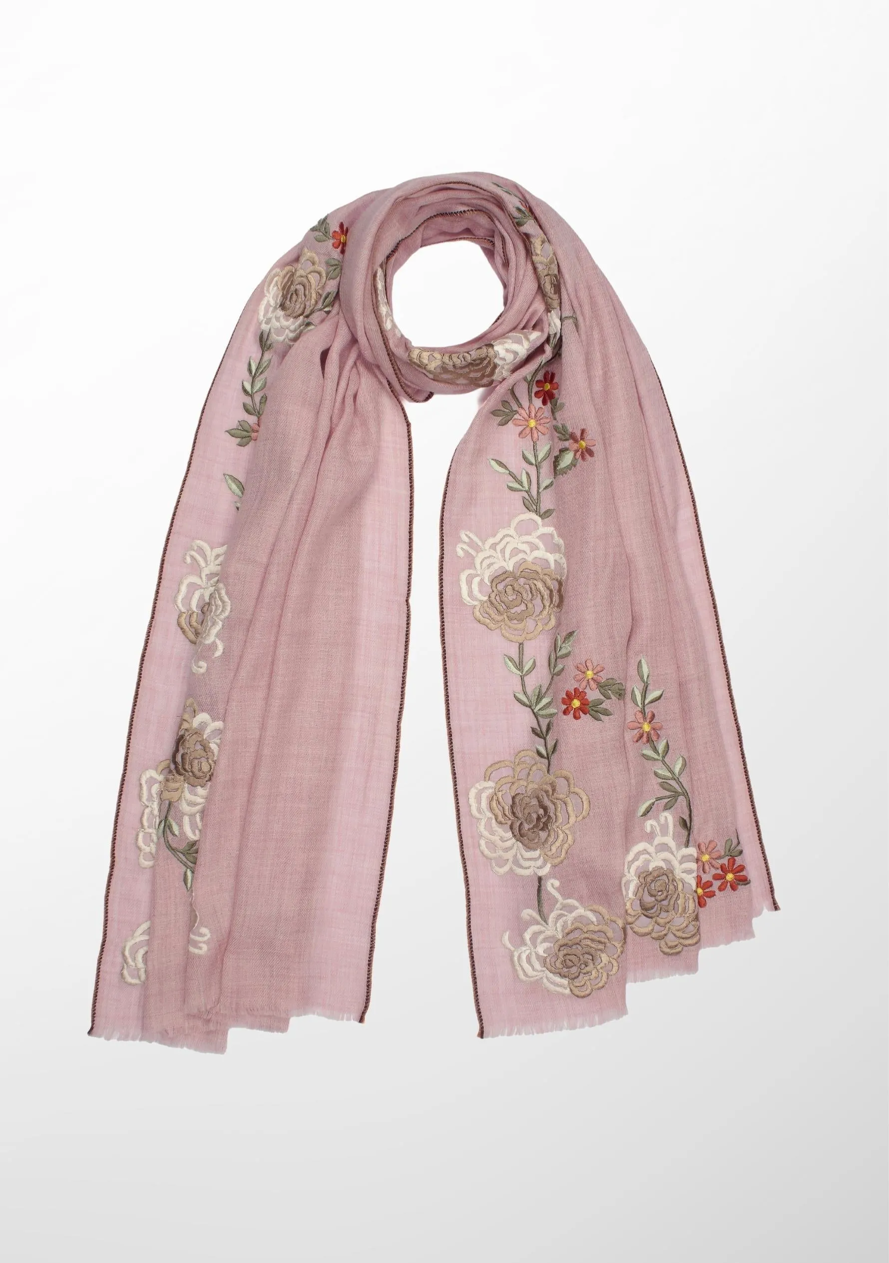 Lt. Pink Melange Wool and Silk Scarf with Multicolor Embroidery