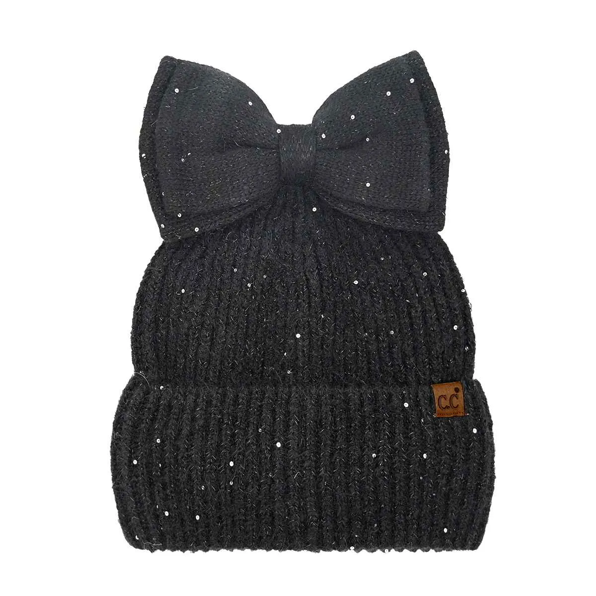 MBE0104 Messy Bun Bow With Sequins Beanie