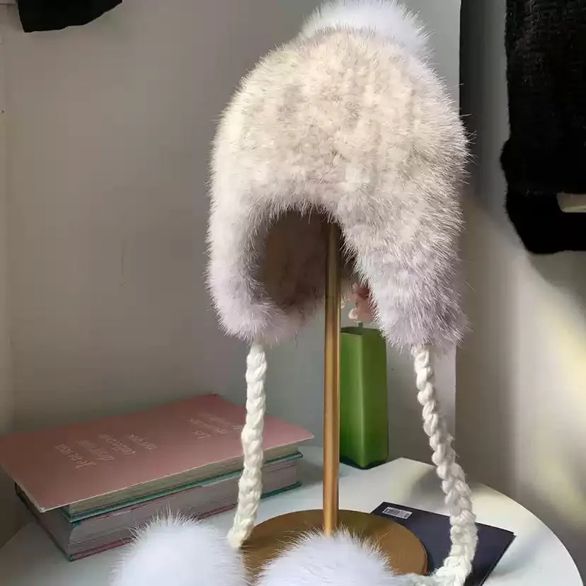 New mink hat for women woven hat mink earmuffs with rope fur hat fox fur ball mink fur inside and outside