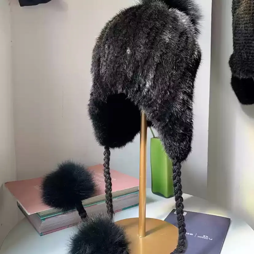 New mink hat for women woven hat mink earmuffs with rope fur hat fox fur ball mink fur inside and outside