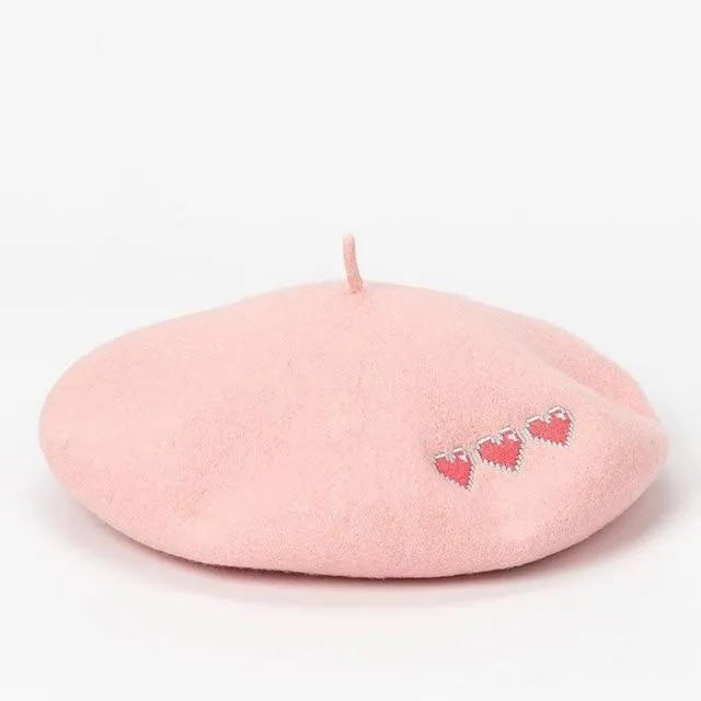 Pink Wool Hearts Beret