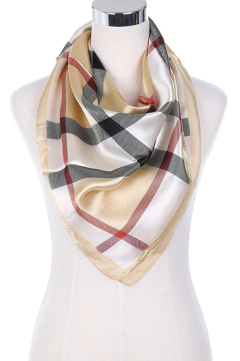 Plaid Pattern Silk Feel Square Satin Scarves