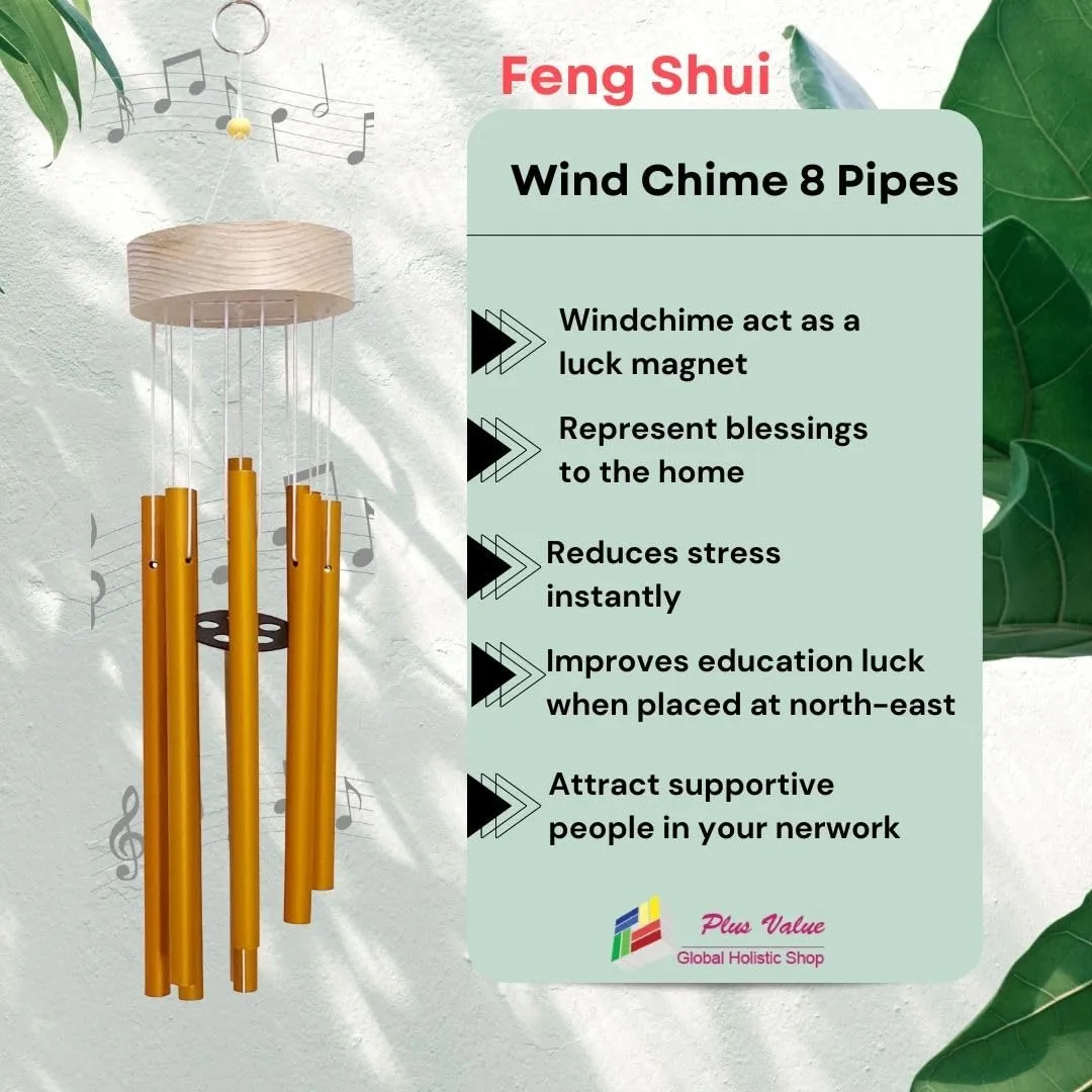 Plus Value Feng Shui Wind Chime Hanging Bells 8 Pipes Rods for Attracting Positive Vibrations Energy Home Office Balcony Living Room Bedroom Garden & Outdoors (Aluminium Metal, Gold) Windchimes