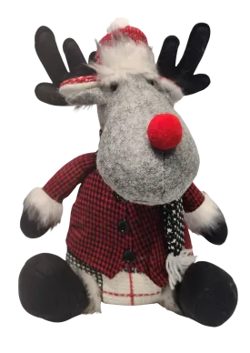 Plush Grey/ Red/Black/White Sitting Moose with Red/Black Santa Hat or with Red/White Winter Hat