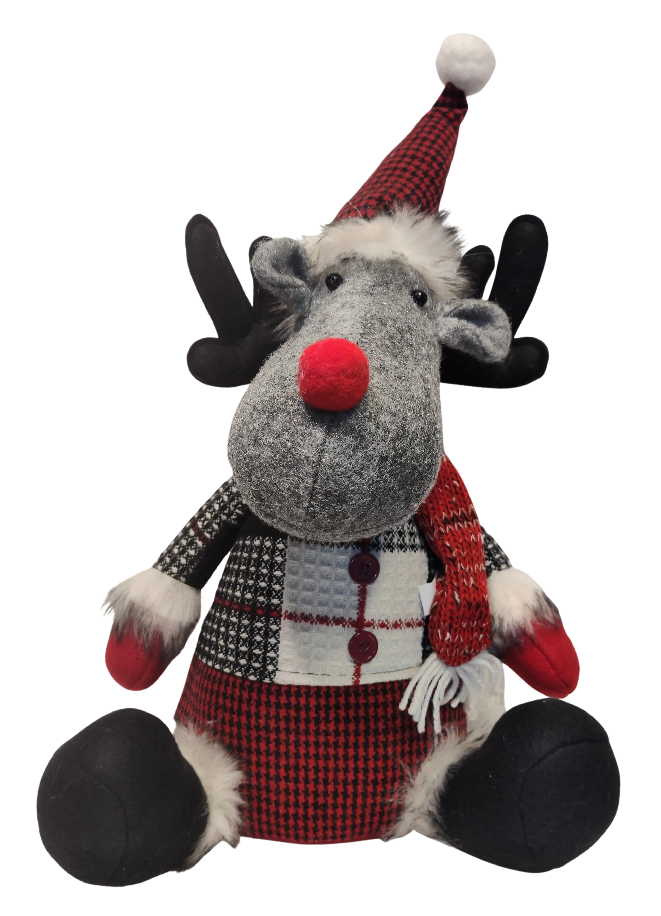 Plush Grey/ Red/Black/White Sitting Moose with Red/Black Santa Hat or with Red/White Winter Hat