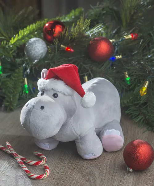 Plush Hippo Wearing Red Santa Hat