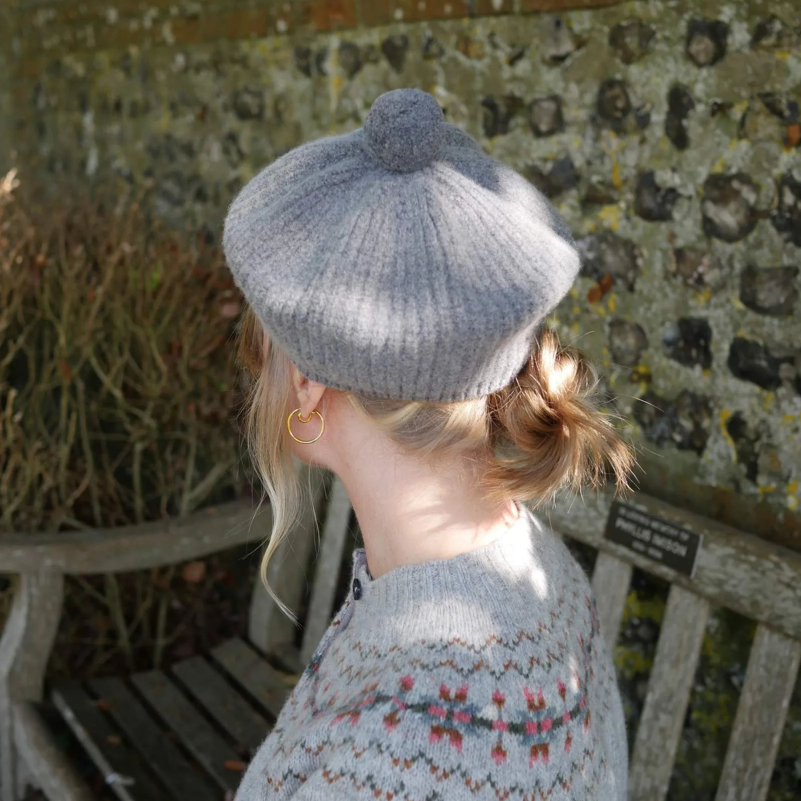 Ribbed Beret with Pom Pom - Grey