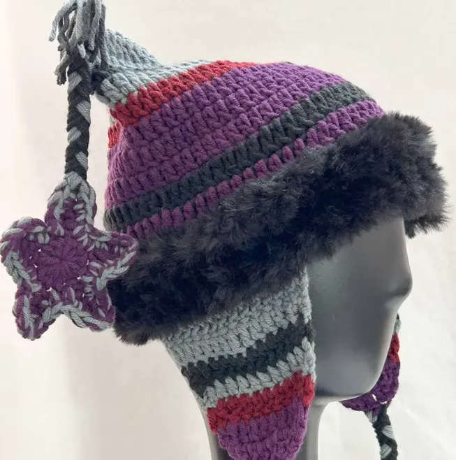 Stripy Knitted Crochet Hat With Stars & Fur Detail