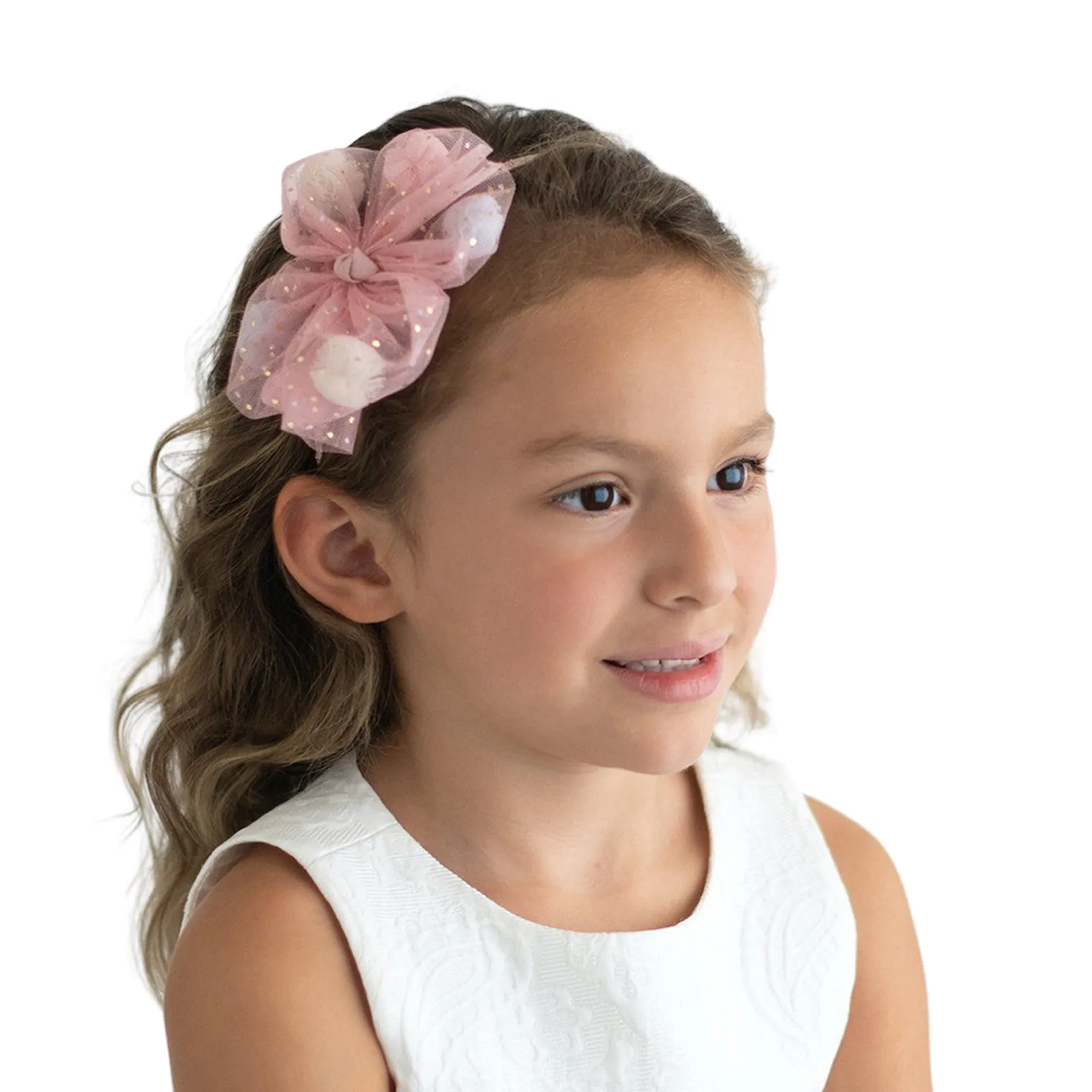 Summer Crystal Mesh Tulle Pompons Bow Headband