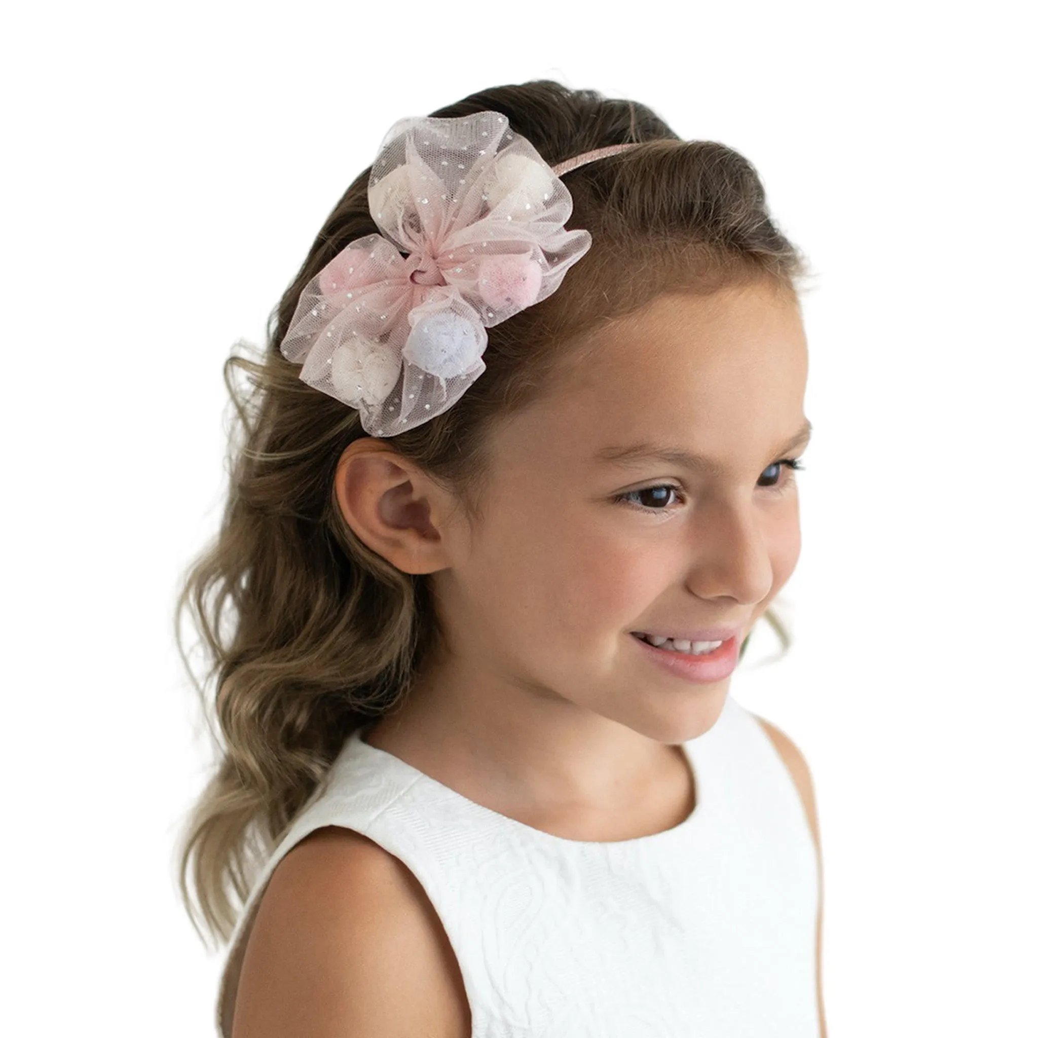 Summer Crystal Mesh Tulle Pompons Bow Headband