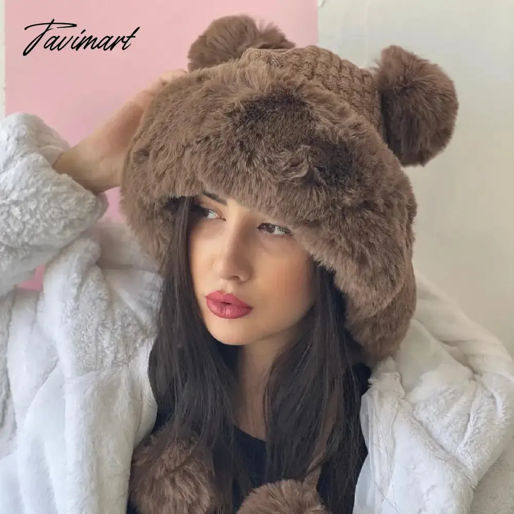 Tavimart Winter Woollen Hat Women Cute Ball Ear Protector Plush Hat Fur Pullover Hats Fashion Warm Christmas Thickened Lei Feng Hat