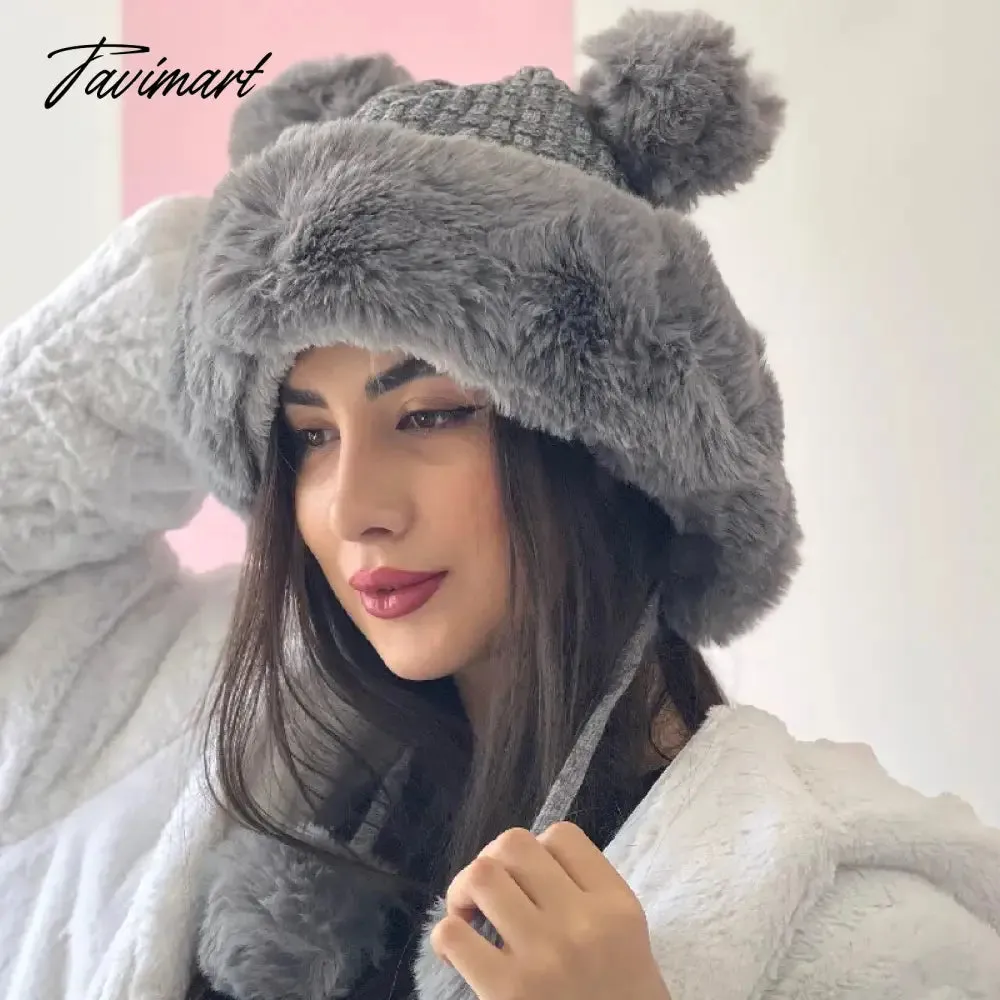 Tavimart Winter Woollen Hat Women Cute Ball Ear Protector Plush Hat Fur Pullover Hats Fashion Warm Christmas Thickened Lei Feng Hat