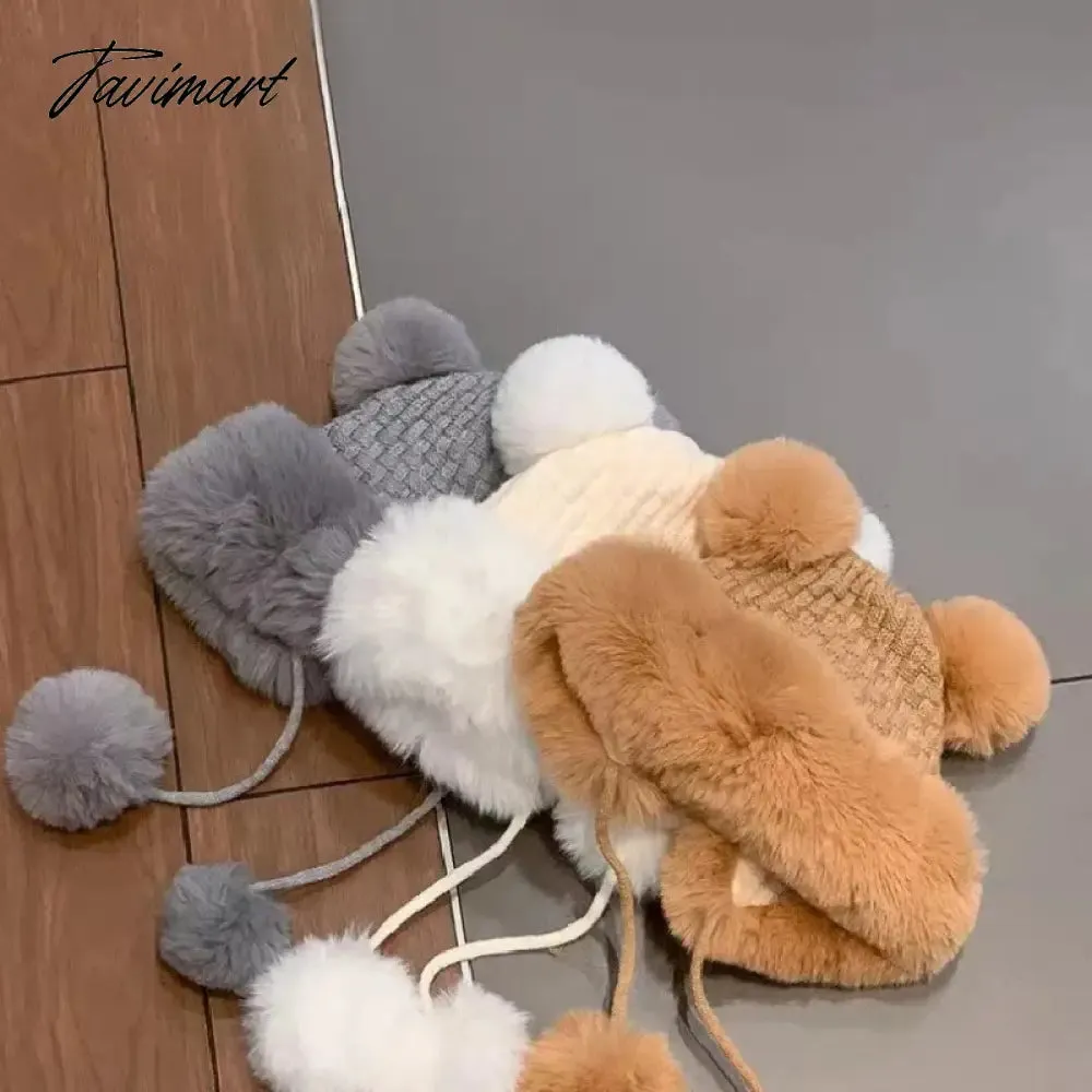 Tavimart Winter Woollen Hat Women Cute Ball Ear Protector Plush Hat Fur Pullover Hats Fashion Warm Christmas Thickened Lei Feng Hat