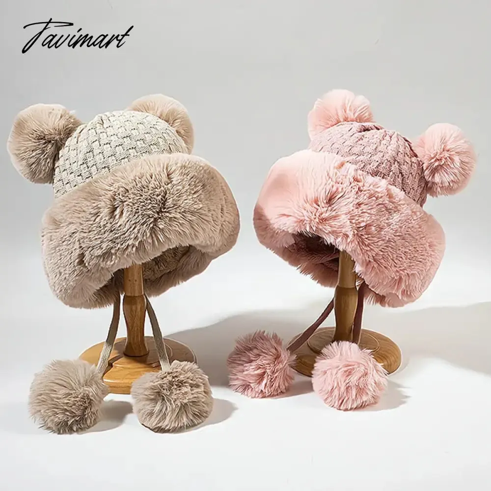 Tavimart Winter Woollen Hat Women Cute Ball Ear Protector Plush Hat Fur Pullover Hats Fashion Warm Christmas Thickened Lei Feng Hat