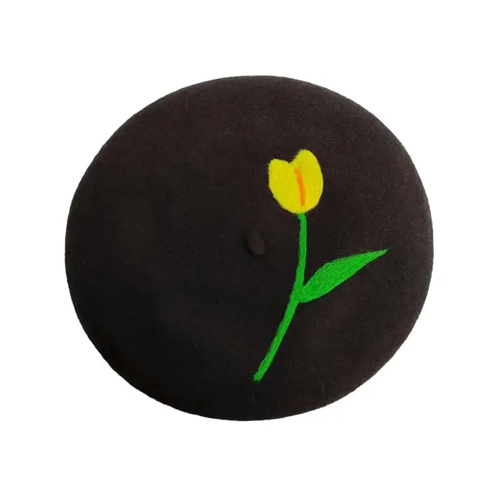 Tulip Embroidery Wool Beret