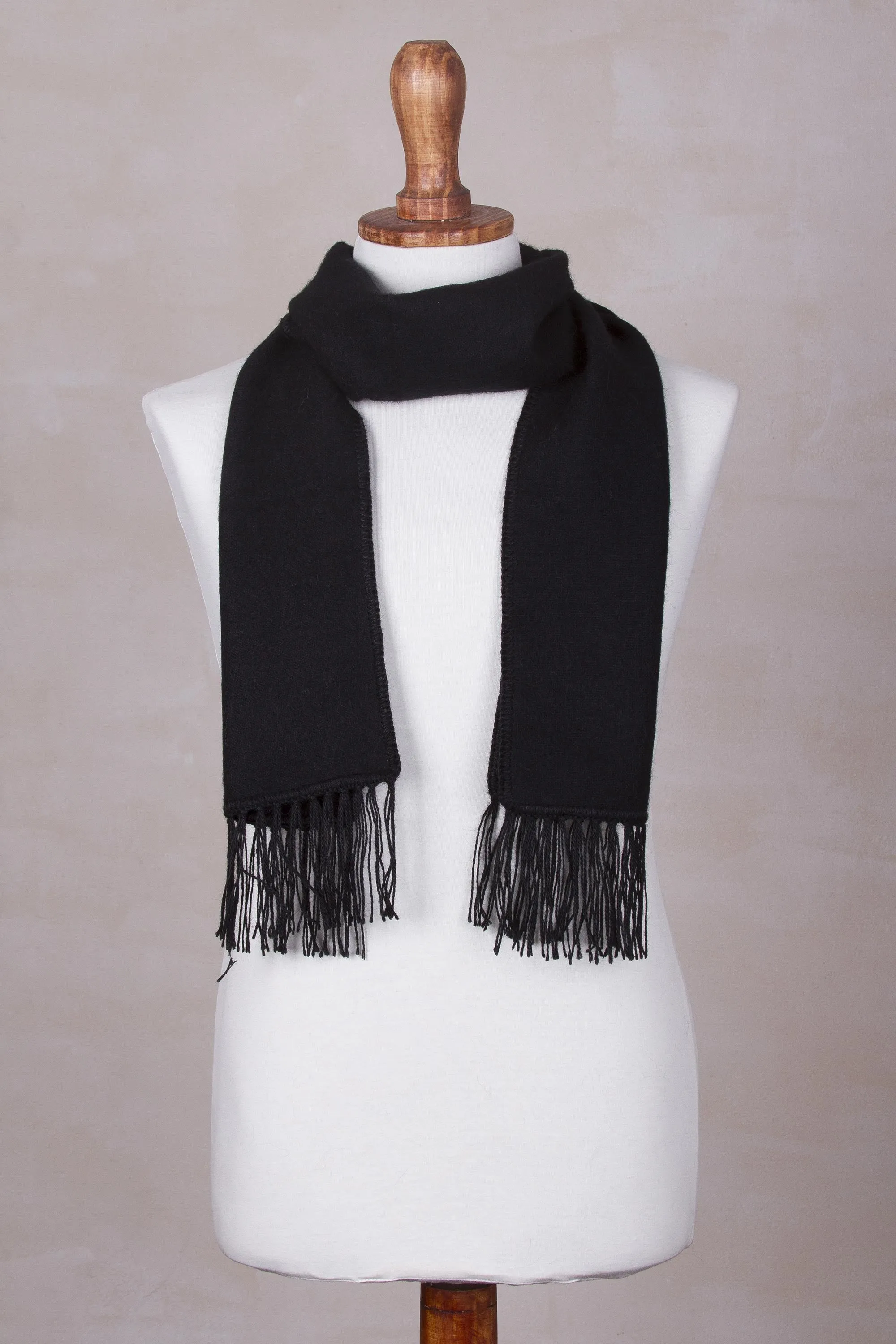 Woven Alpaca Blend Scarf for Men in Solid Black - Ebony Gift of Warmth | NOVICA